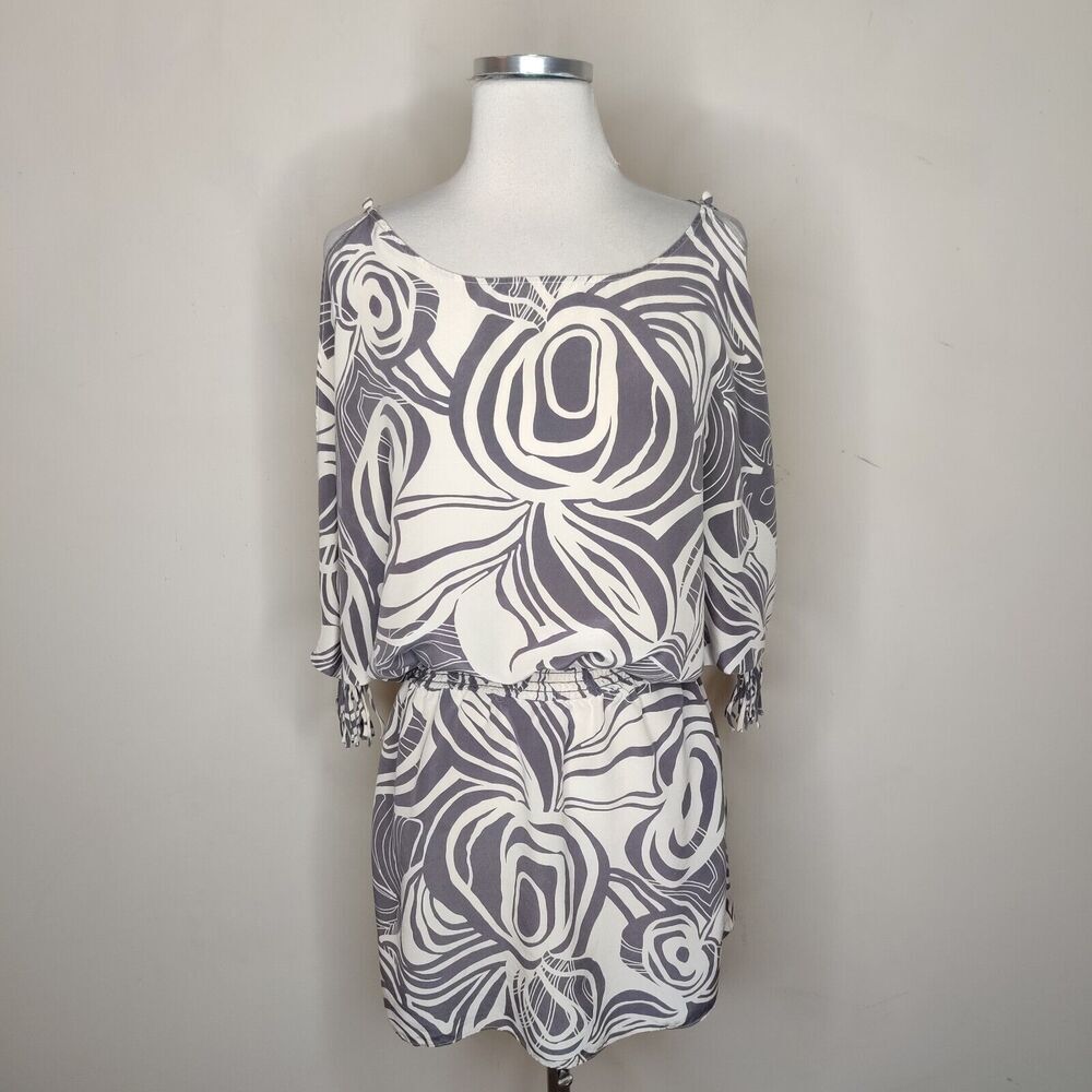 Emerson Thorpe Silk Tasseled Mini Dress Cold Shoulder Floral‎ Swirl